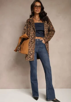 Brązowy Jednorzędowy Płaszcz z Pluszowej Tkaniny w Panterkę Penarria