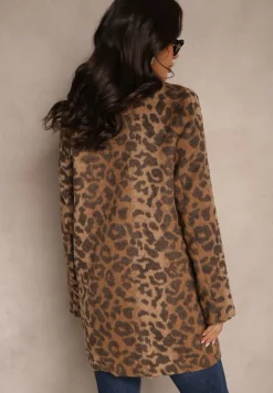Brązowy Jednorzędowy Płaszcz z Pluszowej Tkaniny w Panterkę Penarria
