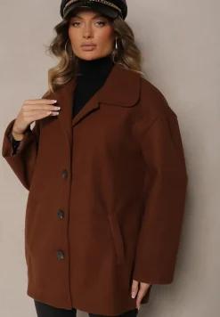 Brązowy Jednorzędowy Płaszcz Dyplomatka z Kieszeniami Morenama