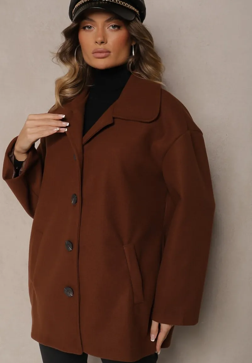 Brązowy Jednorzędowy Płaszcz Dyplomatka z Kieszeniami Morenama