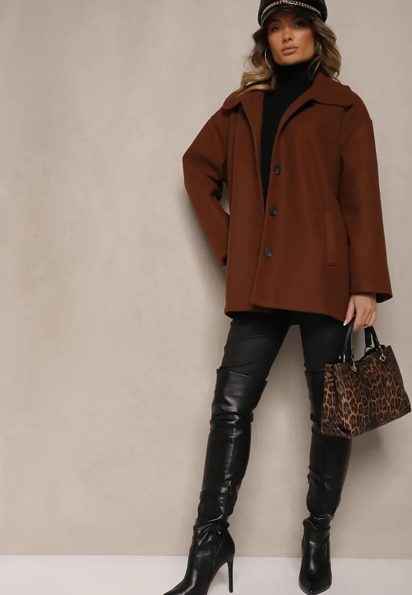 Brązowy Jednorzędowy Płaszcz Dyplomatka z Kieszeniami Morenama