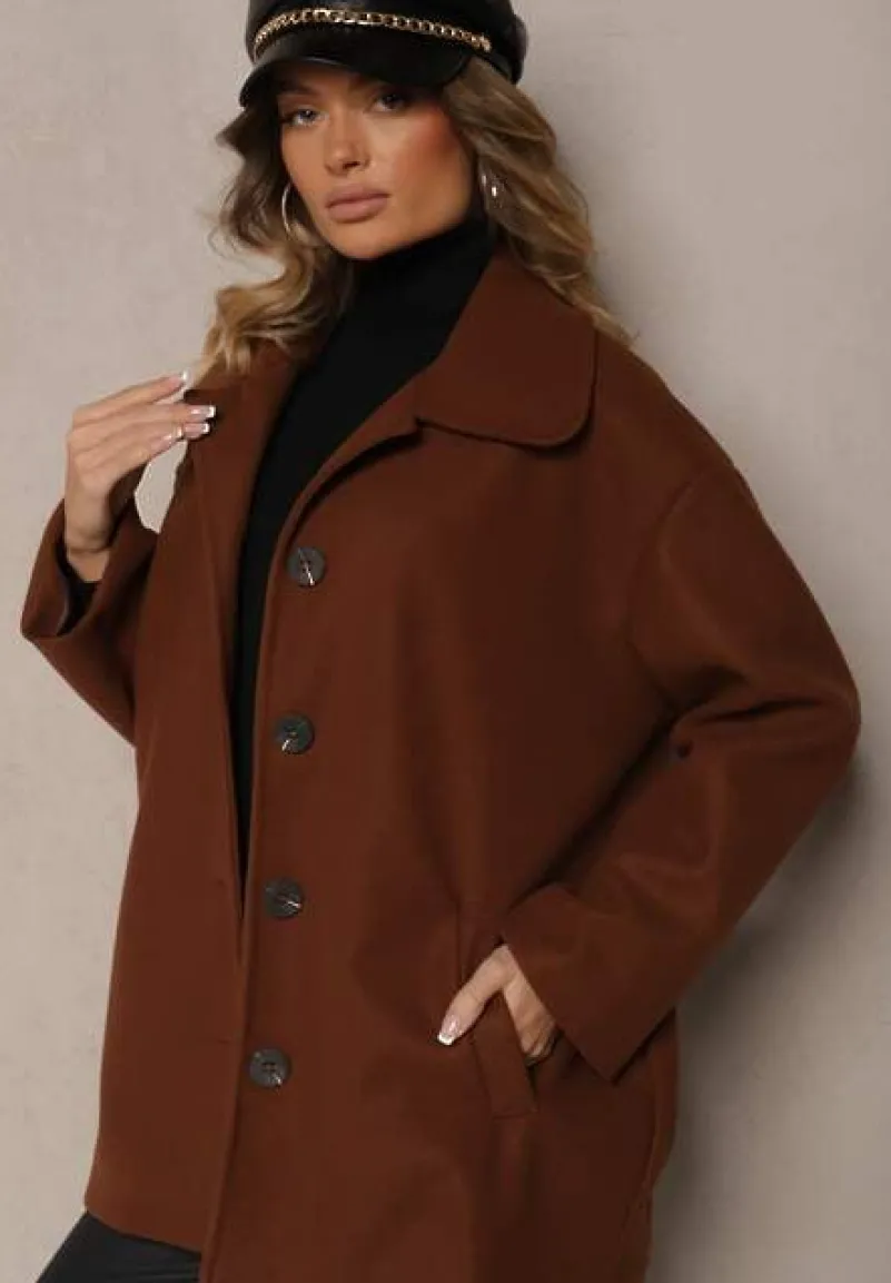 Brązowy Jednorzędowy Płaszcz Dyplomatka z Kieszeniami Morenama