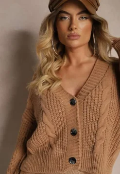 Brązowy Kardigan na Guziki z Warkoczykowym Splotem Heluzze