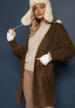 Brązowy Kardigan Niezapinany z Wełną i Wsuwanymi Kieszeniami Rianessa