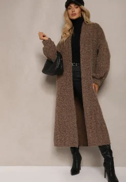 Brązowy Kardigan Niezapinany o Długim Kroju Ozdobiony Szerokimi Rękawami Tifilina