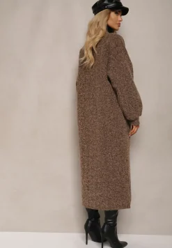 Brązowy Kardigan Niezapinany o Długim Kroju Ozdobiony Szerokimi Rękawami Tifilina