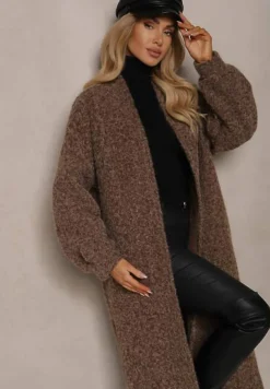 Brązowy Kardigan Niezapinany o Długim Kroju Ozdobiony Szerokimi Rękawami Tifilina