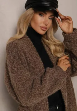 Brązowy Kardigan Niezapinany o Długim Kroju Ozdobiony Szerokimi Rękawami Tifilina