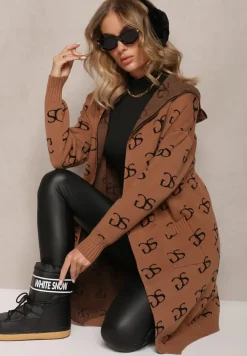 Brązowy Kardigan Niezapinany w Modny Nadruk z Kieszeniami i Kapturem Permila