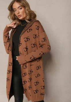 Brązowy Kardigan Niezapinany w Modny Nadruk z Kieszeniami i Kapturem Permila