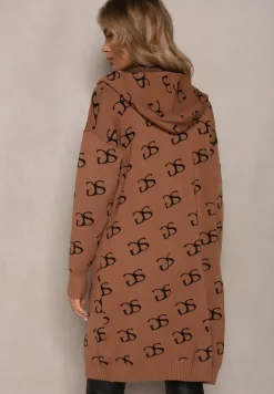 Brązowy Kardigan Niezapinany w Modny Nadruk z Kieszeniami i Kapturem Permila