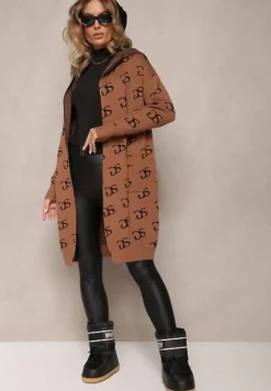 Brązowy Kardigan Niezapinany w Modny Nadruk z Kieszeniami i Kapturem Permila