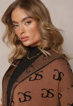 Brązowy Kardigan Niezapinany w Modny Nadruk z Kieszeniami i Kapturem Permila