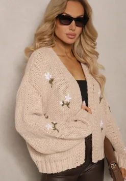 Brązowy Kardigan w Kwiatowe Aplikacje z Zapięciem na Elegancką Agrafkę Patista