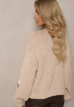 Brązowy Kardigan w Kwiatowe Aplikacje z Zapięciem na Elegancką Agrafkę Patista