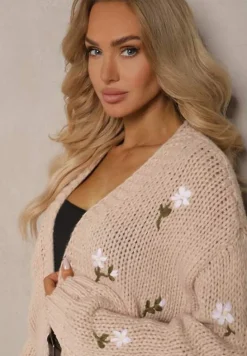 Brązowy Kardigan w Kwiatowe Aplikacje z Zapięciem na Elegancką Agrafkę Patista