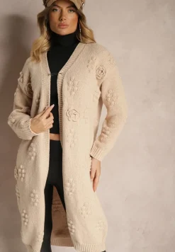 Brązowy Kardigan z Wełną i Wiskozą Ozdobiony Tłoczeniem Besisia