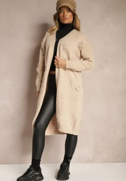 Brązowy Kardigan z Wełną i Wiskozą Ozdobiony Tłoczeniem Besisia