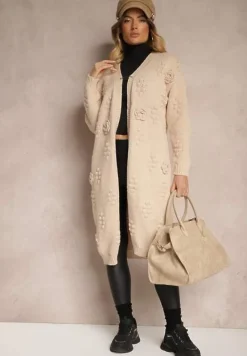 Brązowy Kardigan z Wełną i Wiskozą Ozdobiony Tłoczeniem Besisia