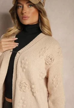 Brązowy Kardigan z Wełną i Wiskozą Ozdobiony Tłoczeniem Besisia