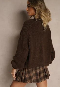 Brązowy Kardigan z Wełną o Kroju Oversize z Wiązanymi Kokardami Elearina