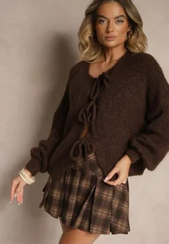 Brązowy Kardigan z Wełną o Kroju Oversize z Wiązanymi Kokardami Elearina