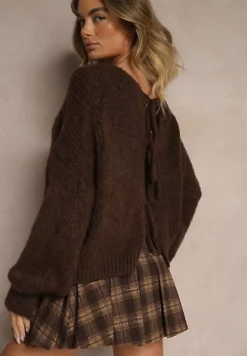 Brązowy Kardigan z Wełną o Kroju Oversize z Wiązanymi Kokardami Elearina