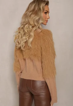 Brązowy Kardigan z Włochatą Dzianiną Przy Dekolcie i Rękawach Saccina