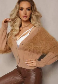 Brązowy Kardigan z Włochatą Dzianiną Przy Dekolcie i Rękawach Saccina