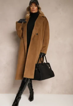 Brązowy Klasyczny Płaszcz o Dwurzędowym Kroju z Kieszeniami Malwilina