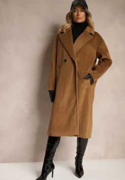 Brązowy Klasyczny Płaszcz o Dwurzędowym Kroju z Kieszeniami Malwilina