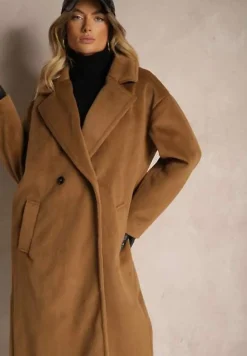Brązowy Klasyczny Płaszcz o Dwurzędowym Kroju z Kieszeniami Malwilina