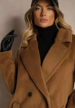 Brązowy Klasyczny Płaszcz o Dwurzędowym Kroju z Kieszeniami Malwilina