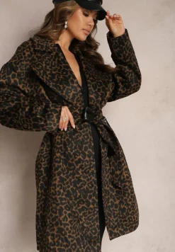 Brązowy Klasyczny Płaszcz Wiązany Paskiem w Talii Aniele