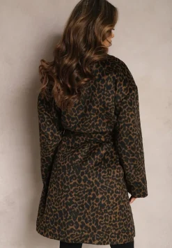 Brązowy Klasyczny Płaszcz Wiązany Paskiem w Talii Aniele