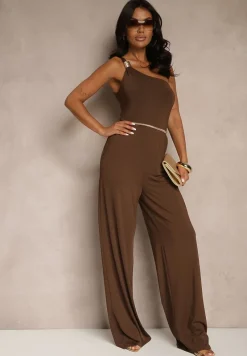 Brązowy Kombinezon Asymetryczny na Jedno Ramię z Długimi Nogawkami i Kieszeniami Efridelle
