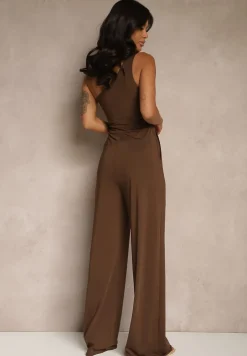Brązowy Kombinezon Asymetryczny na Jedno Ramię z Długimi Nogawkami i Kieszeniami Efridelle