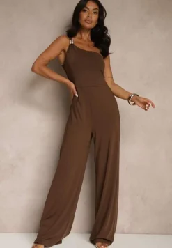 Brązowy Kombinezon Asymetryczny na Jedno Ramię z Długimi Nogawkami i Kieszeniami Efridelle