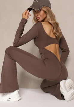 Brązowy Kombinezon Bodycon z Usztywnianymi Miseczkami i Wycięciami na Plecach Calinori