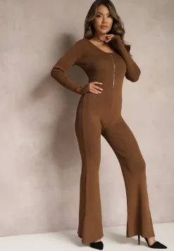 Brązowy Kombinezon Bodycon z Prążkowanej Wiskozy ze Spodniami Typu Dzwony i Suwakiem Lavirna