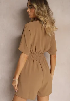 Brązowy Kombinezon Kopertowy z Gumką w Pasie Fandrea