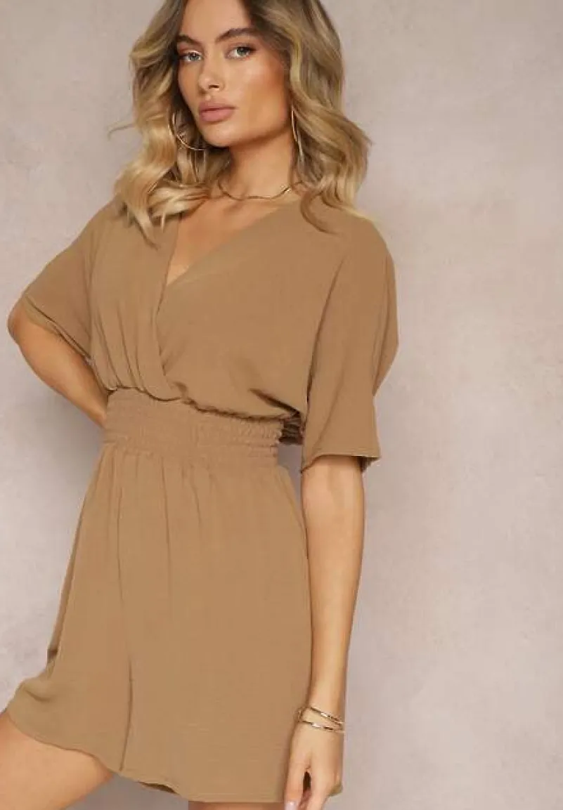 Brązowy Kombinezon Kopertowy z Gumką w Pasie Fandrea