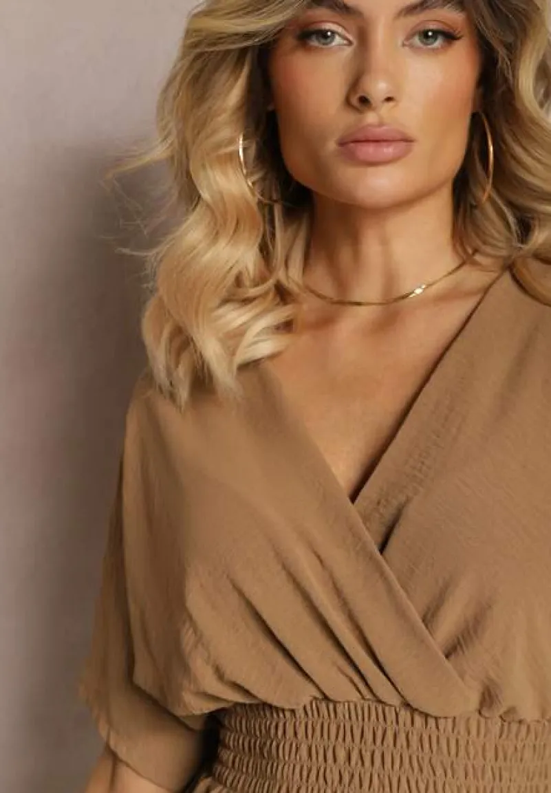 Brązowy Kombinezon Kopertowy z Gumką w Pasie Fandrea