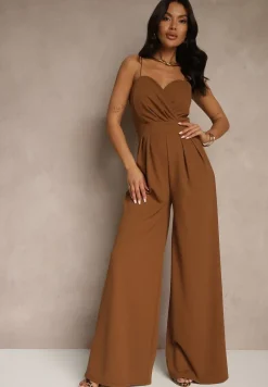 Brązowy Kombinezon na Cienkich Ramiączkach z Kopertowym Dekoltem i Szerokimi Nogawkami Jovantia