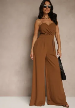 Brązowy Kombinezon na Cienkich Ramiączkach z Kopertowym Dekoltem i Szerokimi Nogawkami Jovantia