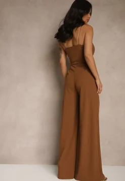 Brązowy Kombinezon na Cienkich Ramiączkach z Kopertowym Dekoltem i Szerokimi Nogawkami Jovantia