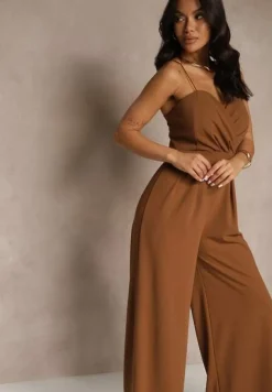 Brązowy Kombinezon na Cienkich Ramiączkach z Kopertowym Dekoltem i Szerokimi Nogawkami Jovantia