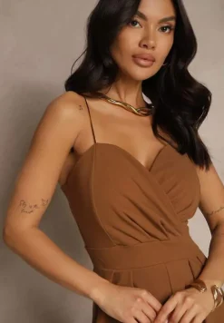 Brązowy Kombinezon na Cienkich Ramiączkach z Kopertowym Dekoltem i Szerokimi Nogawkami Jovantia