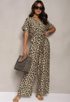 Brązowy Kombinezon w Panterkę z Dodatkiem Wiskozy Wykończony Gumką Nolaria