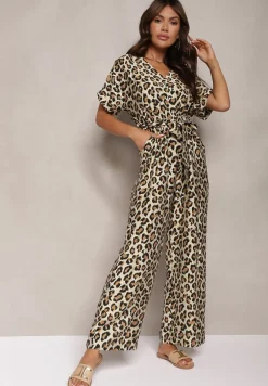 Brązowy Kombinezon w Panterkę z Dodatkiem Wiskozy Wykończony Gumką Nolaria